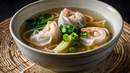A bowl of savory wonton soup with shrimp and green onions in clear broth