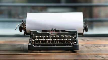 Vintage typewriter with a blank sheet of paper placed on a rustic wooden table. The image conveys a nostalgic feel and is ideal for representing writing or storytelling concepts.