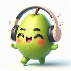 cute 3D funny cartoon Guava with small wireless headphone on head smiling and dancing, white background