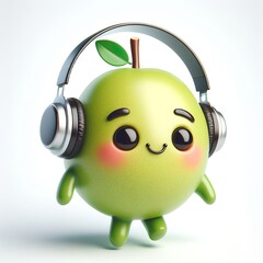 cute 3D funny cartoon Guava with small wireless headphone on head smiling and dancing, white background