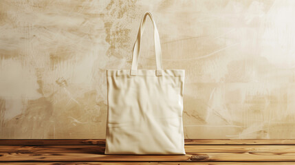 A mockup of a blank beige tote bag placed against a rustic wooden surface and a textured, neutral-toned background. Perfect for showcasing custom designs or branding.