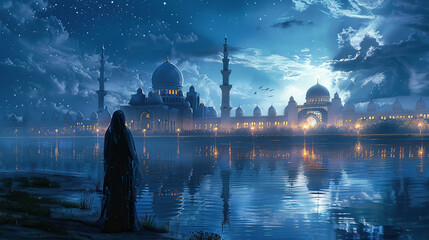 islamic greeting eid ul adha ramadan kareem and eid mubarak card design background with lanterns , lamps and lights	
