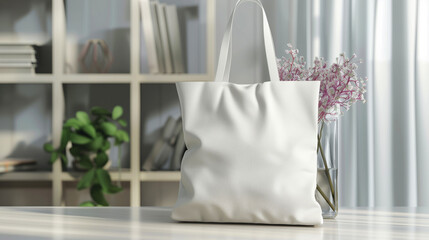 A minimalistic mockup of a white tote bag placed on a table against a blurred background with a plant and bookshelf. The scene is well-lit and soft.