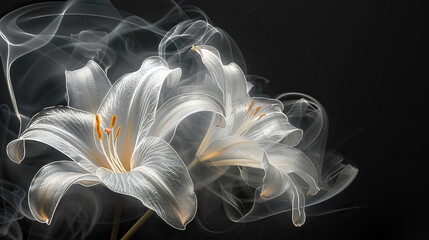 white smokey art flowers abstract on black background , greeting card, space for text , wallpaper, portrait, decor , painting 
