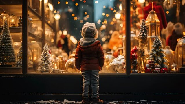A child stands in front of a toy store shop and looking through the window on Christmas Eve