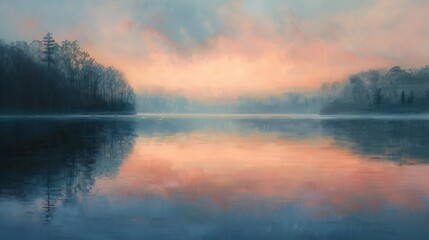 A painting of a lake with a cloudy sky