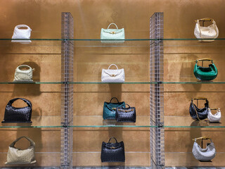 Woman handbags in a luxury fashion store display.
