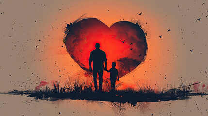 black silhouette in heart shape frame of super dad or father and child, fathers day special	