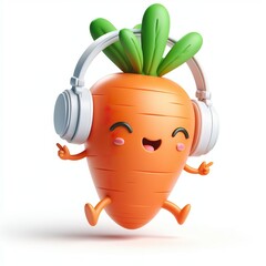 cute 3D funny cartoon Carrot with small wireless headphone on head smiling and dancing, white background