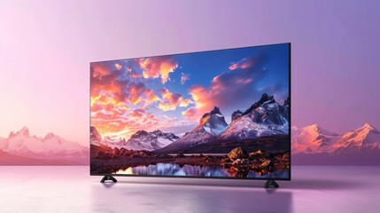 A large flat screen television with mountains in the background