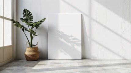 mockup of a canvas print leaning against a white wall in a minimalist home office, 