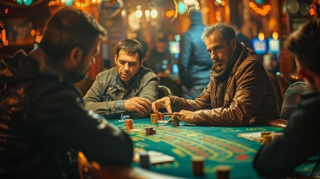 Documentary photography style capturing an underground illegal gambling scene