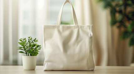 A white tote bag mockup placed on a wooden table next to a small potted plant. The background features soft sunlight filtering through curtains, creating a serene atmosphere.