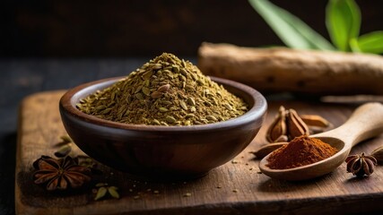 A bowl of fragrant ground cardamom in a warm brown color wooden bowl
