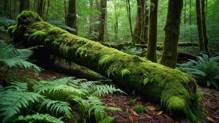 A fallen tree draped with moss and ferns in a serene forest, ideal for nature themes
