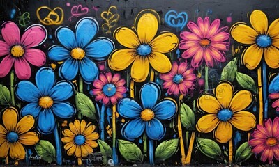 Graffiti blue, yellow and pink flowers. Drawing on the wall. Paint