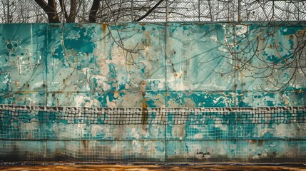 Weathered wall with a rusty metal fence and a tennis net