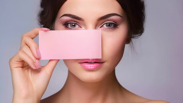 Beauty makeup with a pink card template , Beautiful fashion model woman with soft makeup