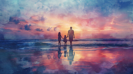 black silhouette of super dad or father and child, fathers day special, on watercolor beach background art