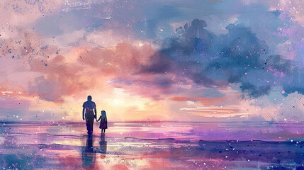 black silhouette of super dad or father and child, fathers day special, on watercolor beach background art