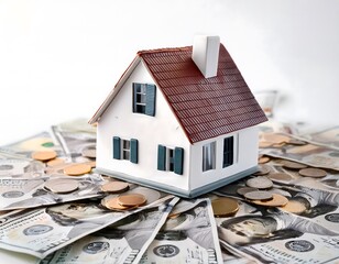 Tiny house with money around in a white background