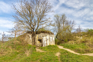Historic concrete bunker fortification in South Moravian Region near Znojmo town in Czech Republic,...
