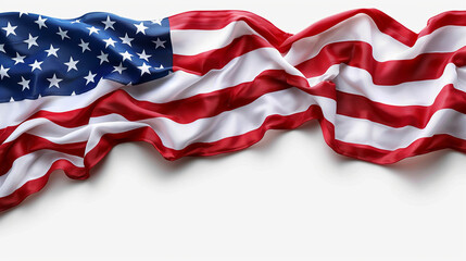 Close up of waving national USA flag isolated on white background. Memorial Day, 4th of July independence day, Old textile flag of USA as a patriotic background. Generative AI Illustrations.