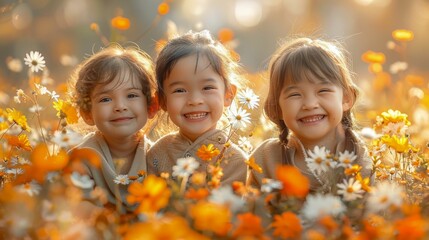 Three Smiling Children in a Flower Field. Generative ai
