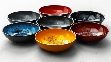 Colorful Ceramic Bowls on White Background. Generative ai