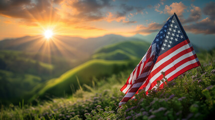 Close up of waving national USA flag on nature background. Memorial Day, 4th of July independence day, Old textile flag of USA as a patriotic background. Generative AI Illustrations.