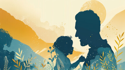 black silhouette of super dad or father and child, fathers day special on watercolor art 