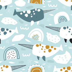 Naklejka premium Vector cute seamless pattern with narwhals, rainbows, snowflakes, iceberg, ice. and fishes. Arctic. Winter print. Underwater. Creative kids texture for fabric, wrapping, textile, wallpaper. Nursery.