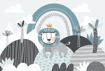 Vector children cute lion king and rainbow illustration in scandinavian style. Mountain landscape, clouds. Children's tropical wallpaper. Jungle, children's room design, wall decor. King. © ZHUKO