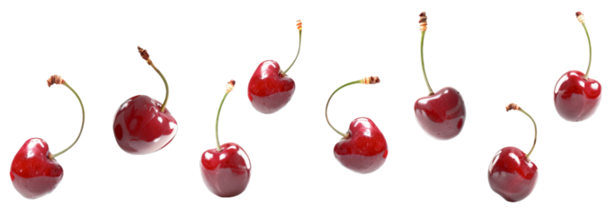 Cherries floating over isolated transparent background