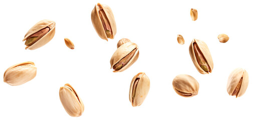 Obraz premium Whole pistachios falling over isolated white transparent background