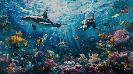 Fototapeta premium underwater scene of a vibrant coral reef teeming with colorful fish, playful dolphins, 