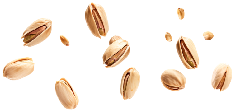 Whole pistachios falling over isolated white transparent background