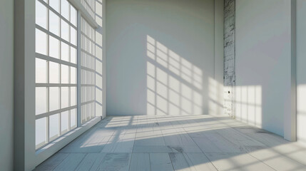 Obraz premium A bright, empty room with large grid windows allowing natural light to create geometric shadows on the white wooden floor and walls, conveying a minimalist design.