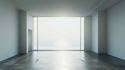 Spacious and minimalistic empty room with a large floor-to-ceiling window offering a serene view of the ocean. The room features simple white walls and a shiny floor.