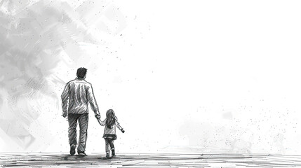 black and white rear view sketch of super dad or father and child, fathers day special	