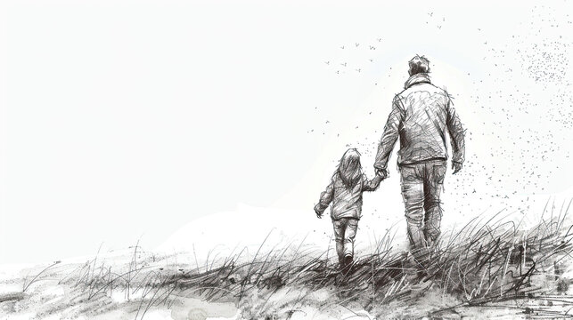 black and white rear view sketch of super dad or father and child, fathers day special	