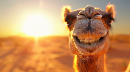 A camel with a bright white smile in a sunny desert scene, capturing the concept of happiness and warmth, close up on the camels grinning face, travel theme, whimsical, Double exposure, with a pastel