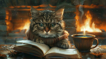 A cat wearing glasses and reading a book by the fireplace, sipping from a cup of hot tea, creating a cozy and intellectual atmosphere, in a serene watercolor painting