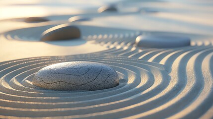 Japanese Zen garden with smooth stones and raked sand, creating peaceful patterns for meditation or relaxation. 3D rendering of tranquil atmosphere in the style of tranquil atmosphere.