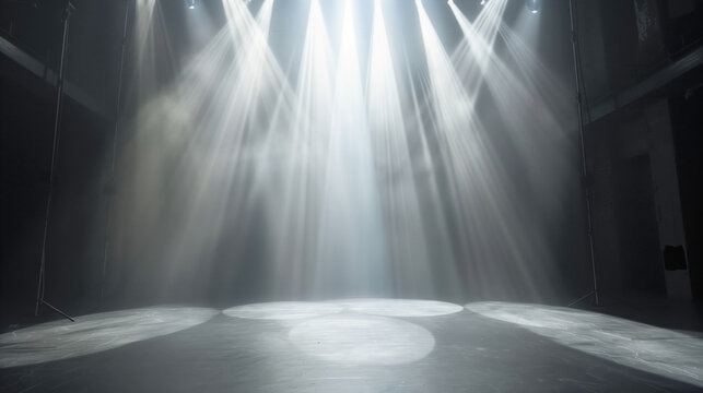 Empty stage with dramatic lighting from multiple spotlights casting patterns on the floor, creating an atmospheric and anticipatory scene in a performance venue.
