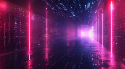 Glowing pink and blue neon lights in a dark sci-fi tunnel.
