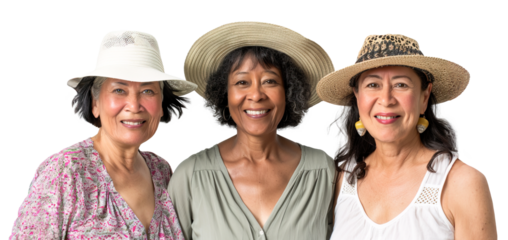 Three female friends in their sixties wearing summer outfit posing over isolated transparent background