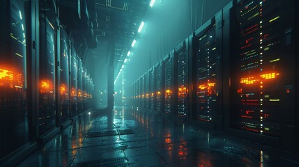 The dark server room with bright lights