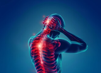 Digital illustration of neck pain in the human body highlighted with red on a blue background