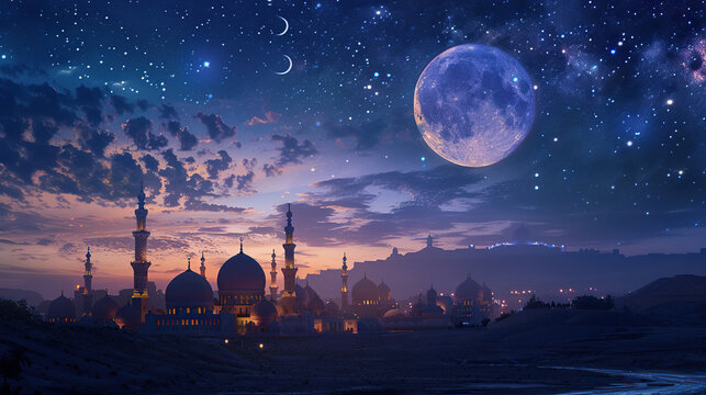eid ul adha islamic greeting ramadan kareem and eid mubarak card design background with lanterns , lamps and lights mosque art 